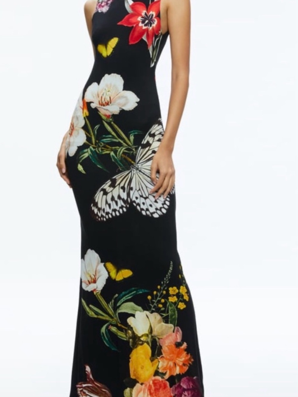 Alice + Olivia Black Maxi Dress with Floral & Butterfly Motif